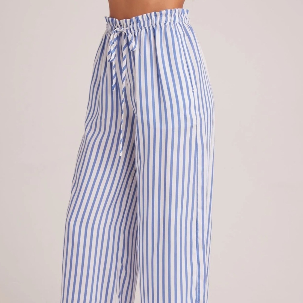 Bella Dahl | Ruffled Waist Tie Front Wide Leg Pinstriped Blue White Ankle Pant